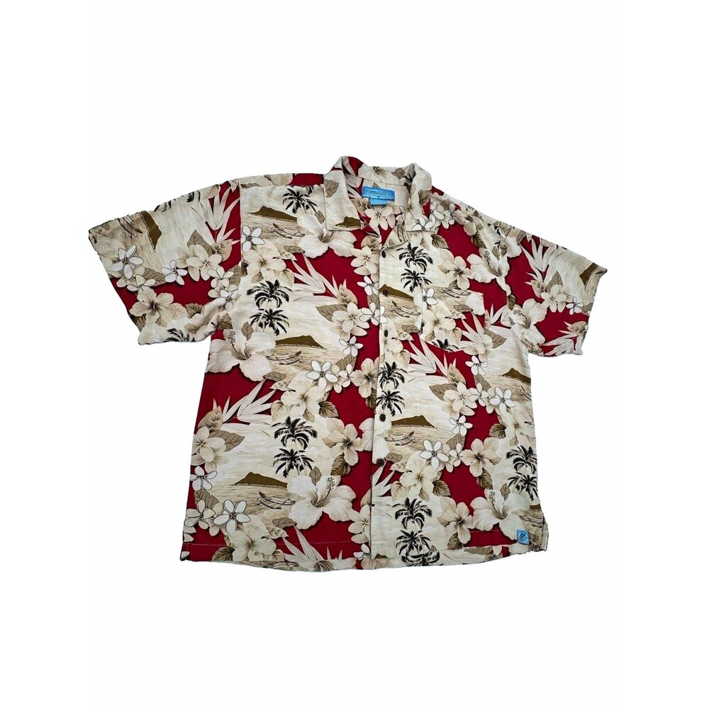 Vtg Bermuda Bay Men's 2XL Beige Silk Hawaiian Tropical Floral Button-Up Shirt